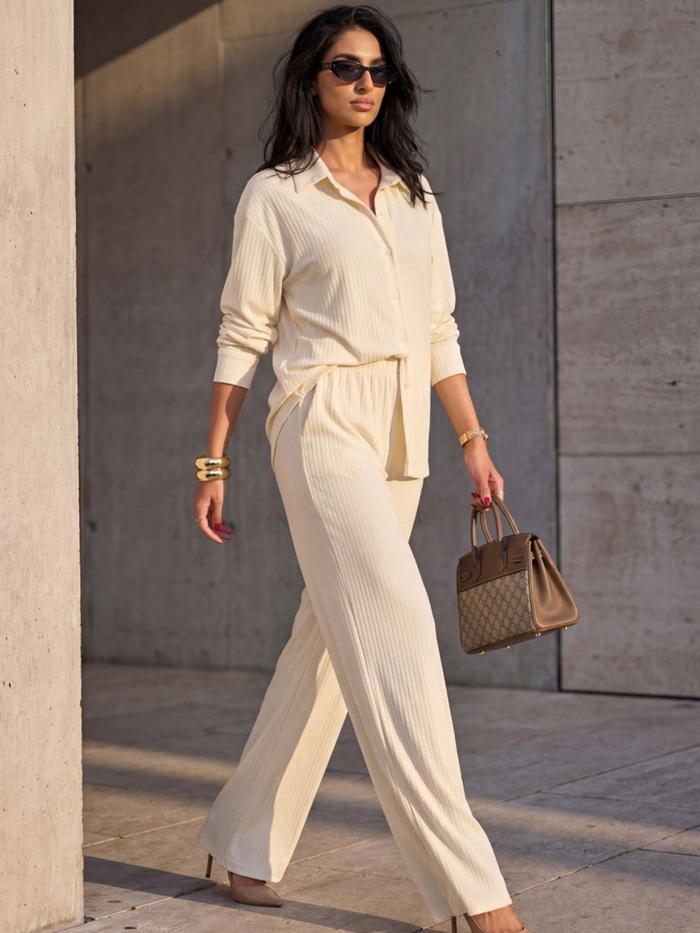 Cream Ribbed Wide-Leg Pants and Shirt Set  - Relaxed Luxury Lounge Set